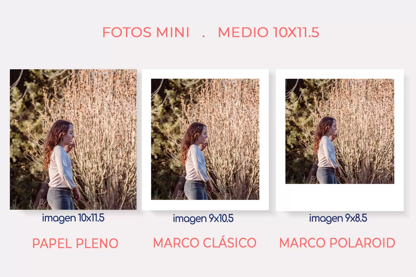 Impresión de Fotos mini. Detalle de formatos y medidas en sus tres variantes, Marco clásico, papel pleno y marco polaroid.